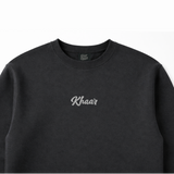 Charcoal 1947 Crewneck front — stitched Khaar branding at chest