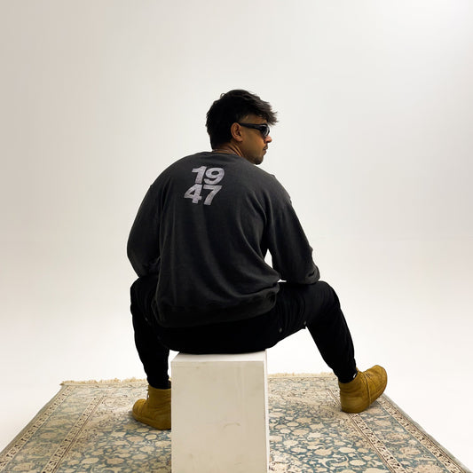 Charcoal 1947 Drop Shoulder Crewneck — heavyweight French terry, front view