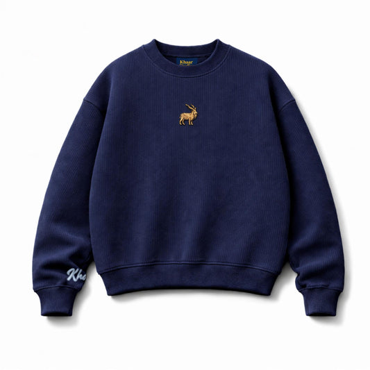 Khaar Markhor Knit Sweater in Navy Blue – Product Flatlay