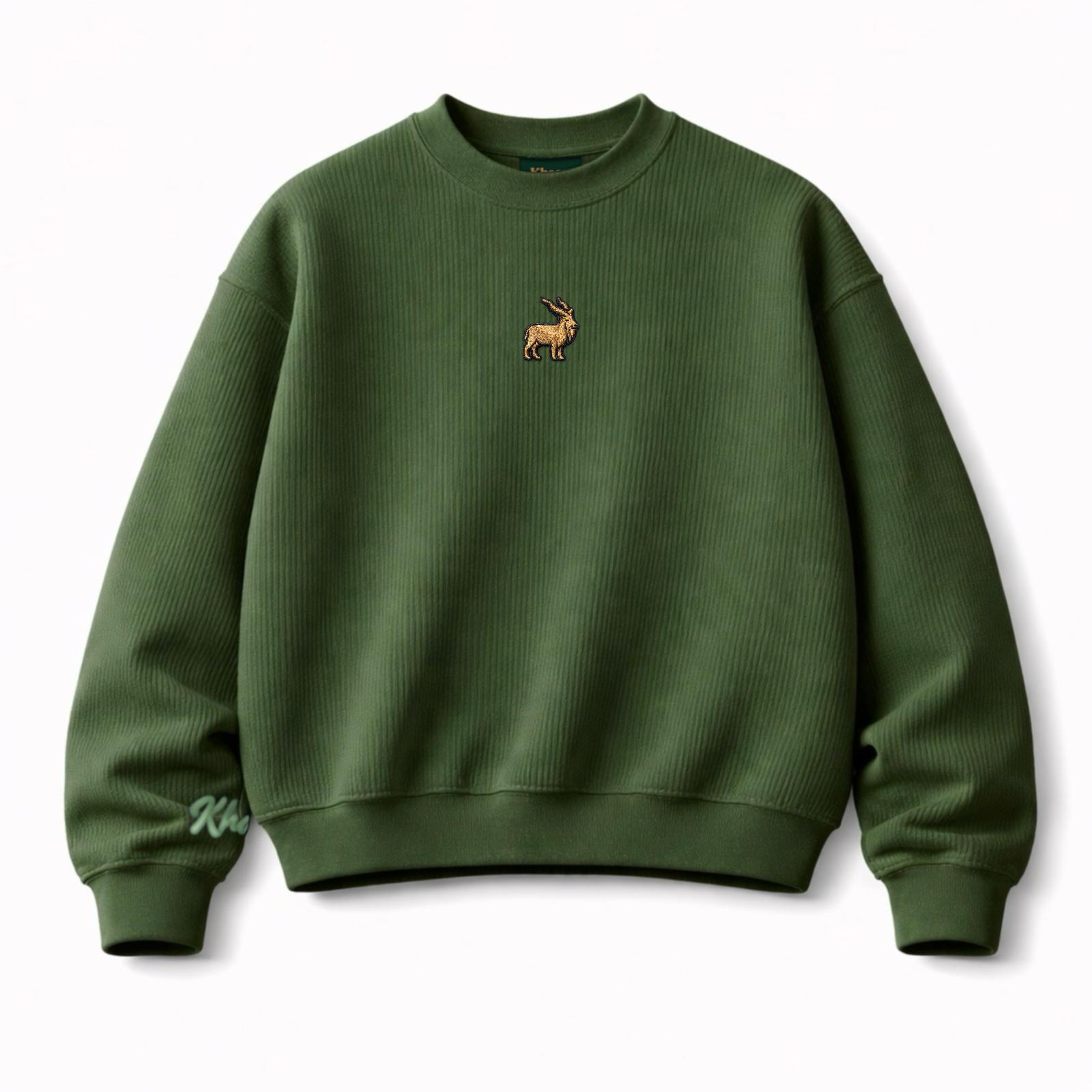 Khaar Markhor Knit Sweater in Forest Green – Product Flatlay