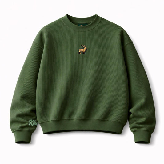 Khaar Markhor Knit Sweater in Forest Green – Product Flatlay