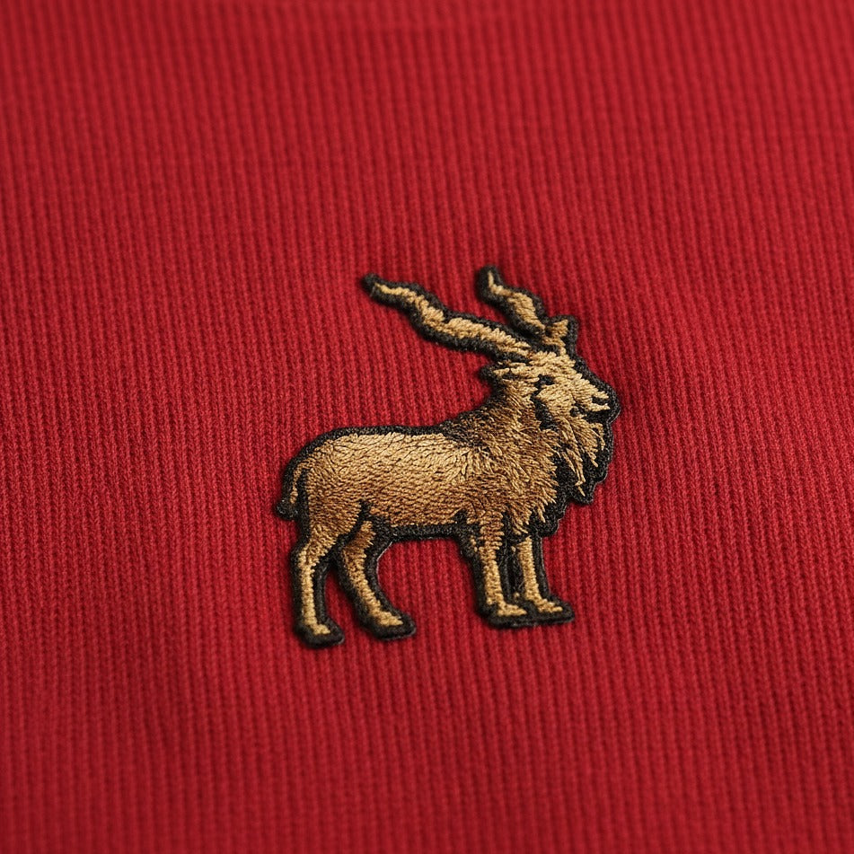 Khaar Markhor Knit Sweater in Maroon Red – Red Embroidery Closeup