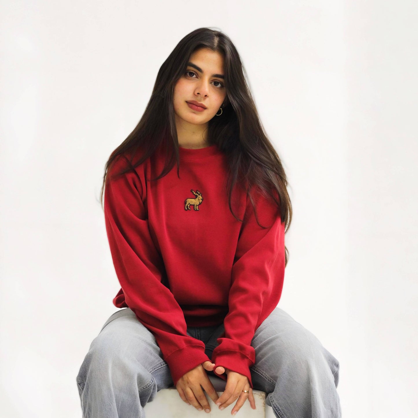 Khaar Markhor Knit Sweater in Maroon Red – Female Model Sitting